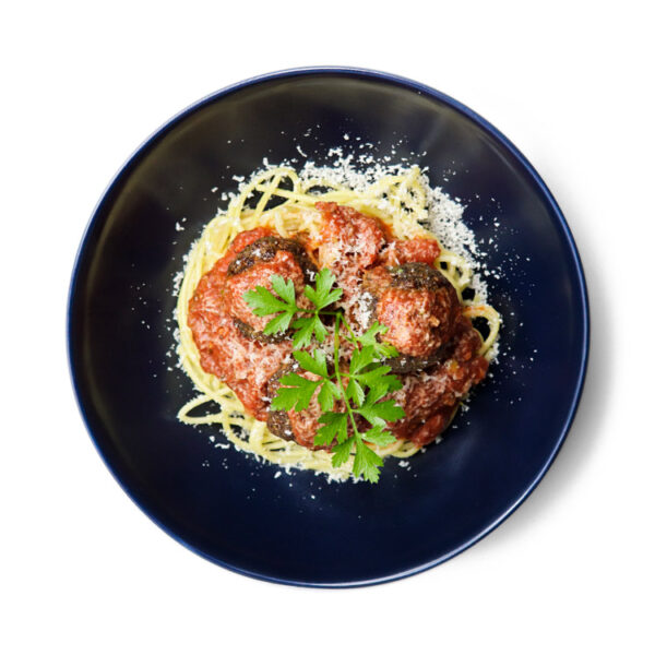 Plate Of Spaghetti & Meatballs With Parmesan Topping